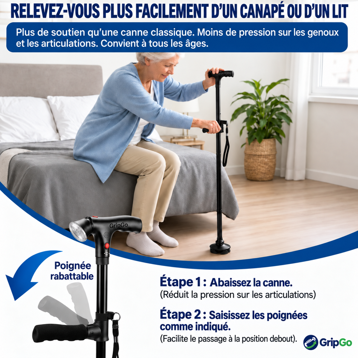 Canne de soutien pliable GripGo – Lampe LED, double poignée et base autoportante