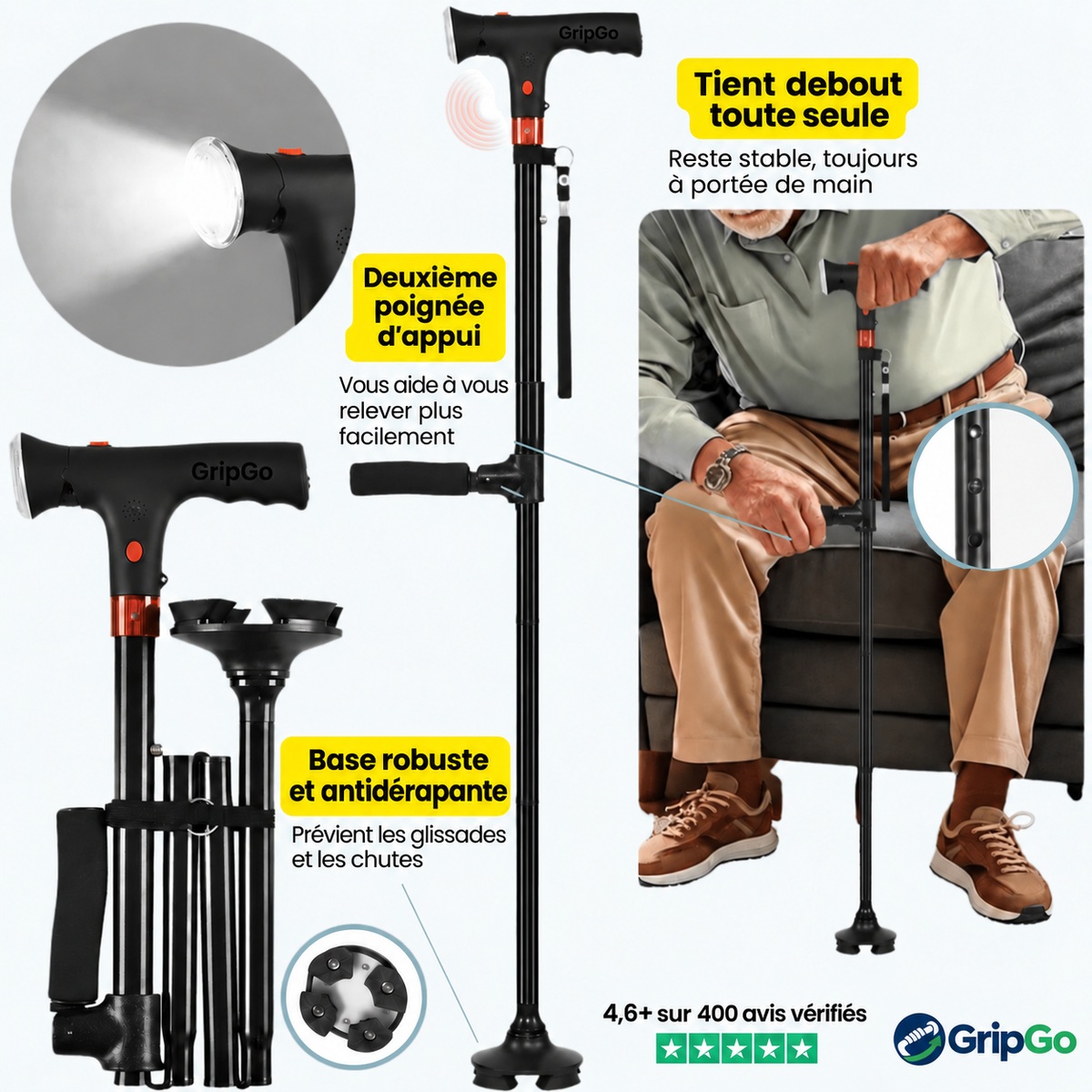 Canne de soutien pliable GripGo – Lampe LED, double poignée et base autoportante