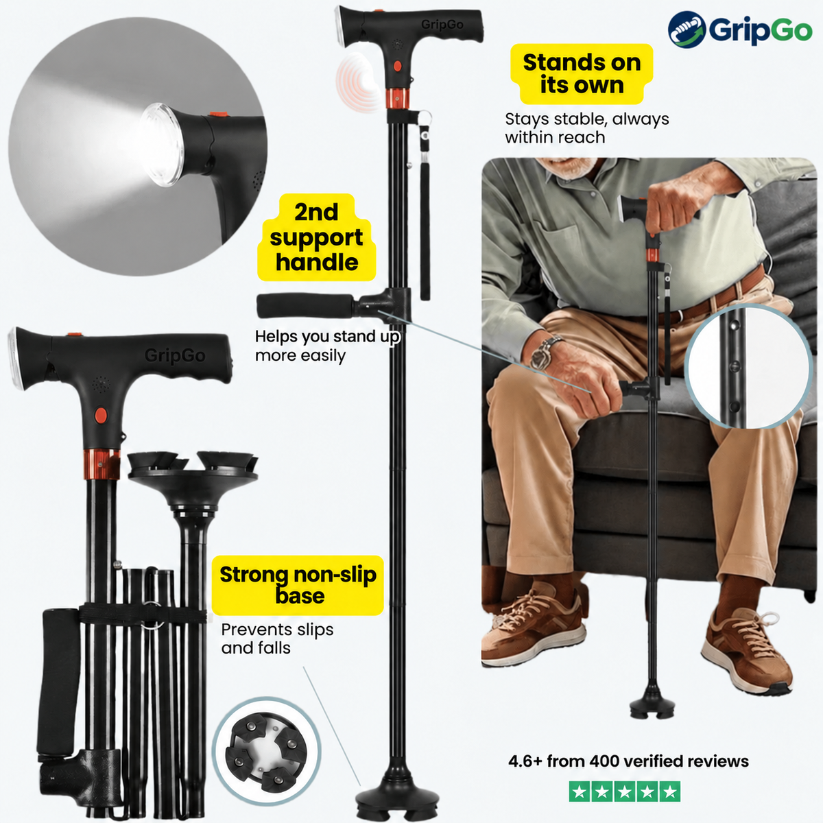 GripGo Folding Support Cane – LED Light, Dual Handle & Stand-Alone Base