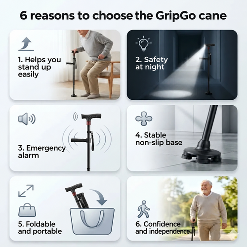 GripGo Folding Support Cane – LED Light, Dual Handle & Stand-Alone Base