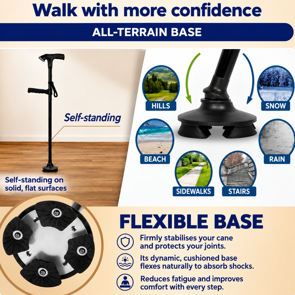 GripGo Folding Support Cane – LED Light, Dual Handle & Stand-Alone Base