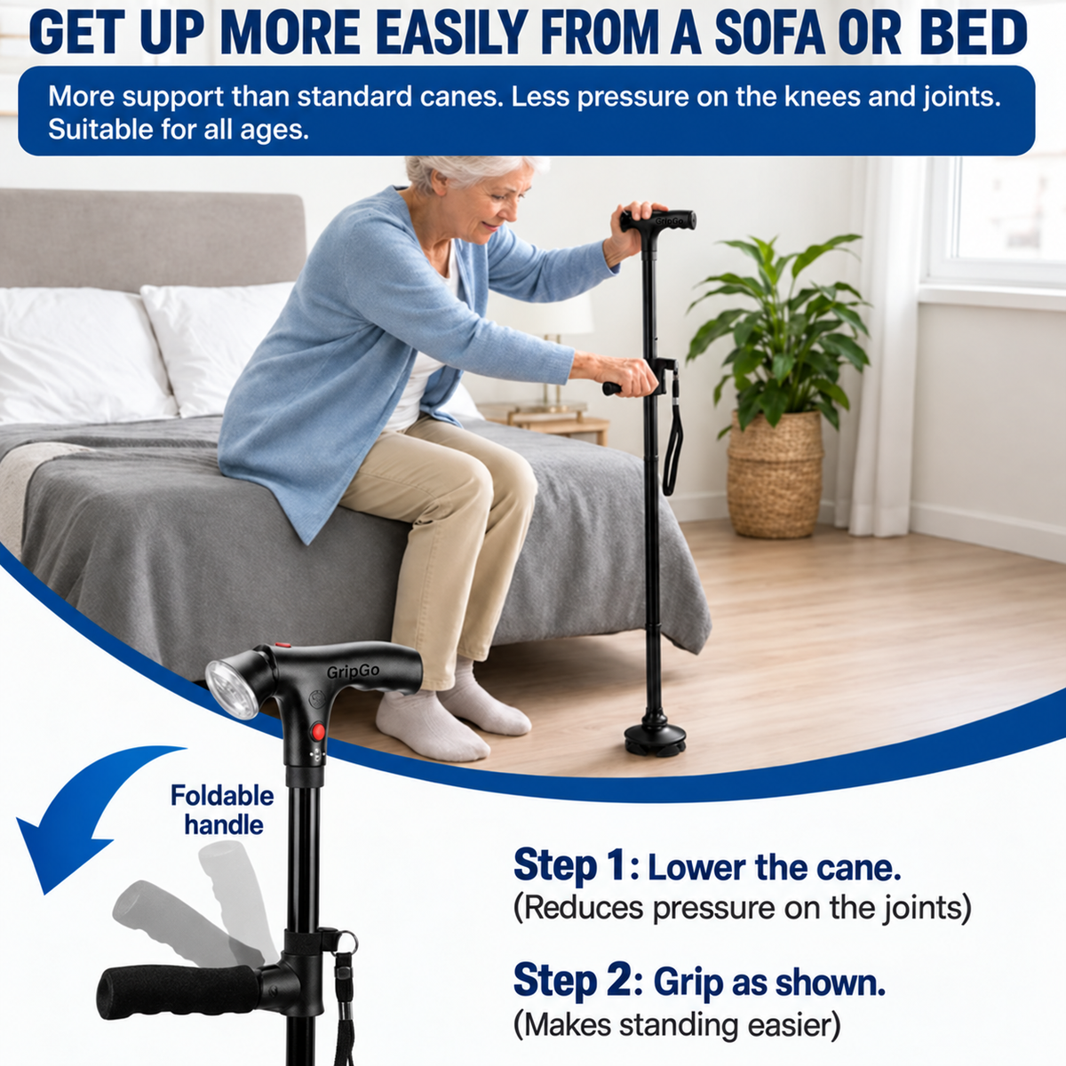 GripGo Folding Support Cane – LED Light, Dual Handle & Stand-Alone Base