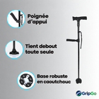 Canne de soutien pliable GripGo – Lampe LED, double poignée et base autoportante