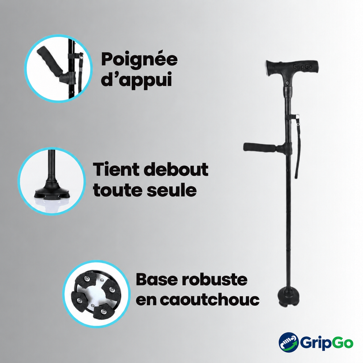 Canne de soutien pliable GripGo – Lampe LED, double poignée et base autoportante